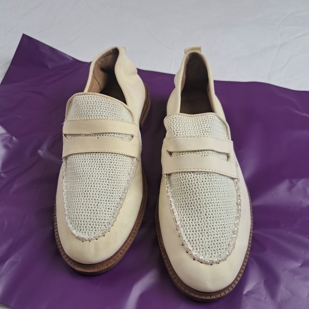 Anthropologie Cream Woven Leather Loafers